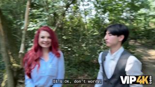 Sexy redhead Olivia flashes hot red lingerie, exposes her assets in public, gets banged by BF on camera