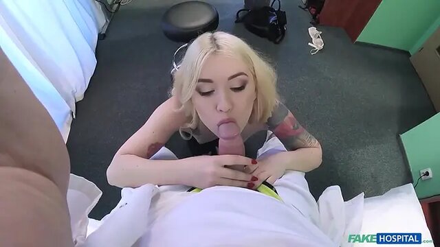 Blonde babe enjoys her doctor's cock in her tiny tits