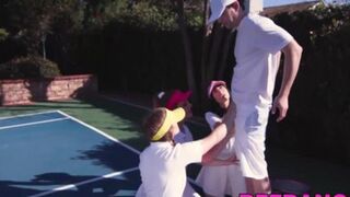 BFF BANG - Brunette tennis babes fed jizz POV after hardcore foursome