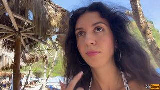 Hottie sucks my dick on a public beach and walks along the shore with cum on her face - Cumwalk