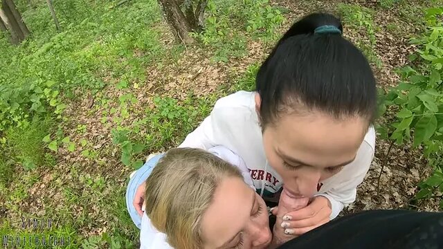 Two girls take turns sucking lucky guy in POV threesome