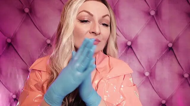 ASMR: blue nitrile gloves fetish - hot sounding - MILF in pink PVC coat 