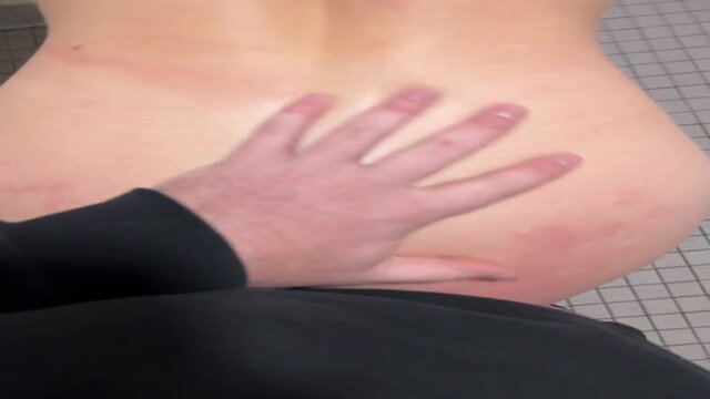 College blonde gets a sloppy fellatio in the cramped campsite bathroom 